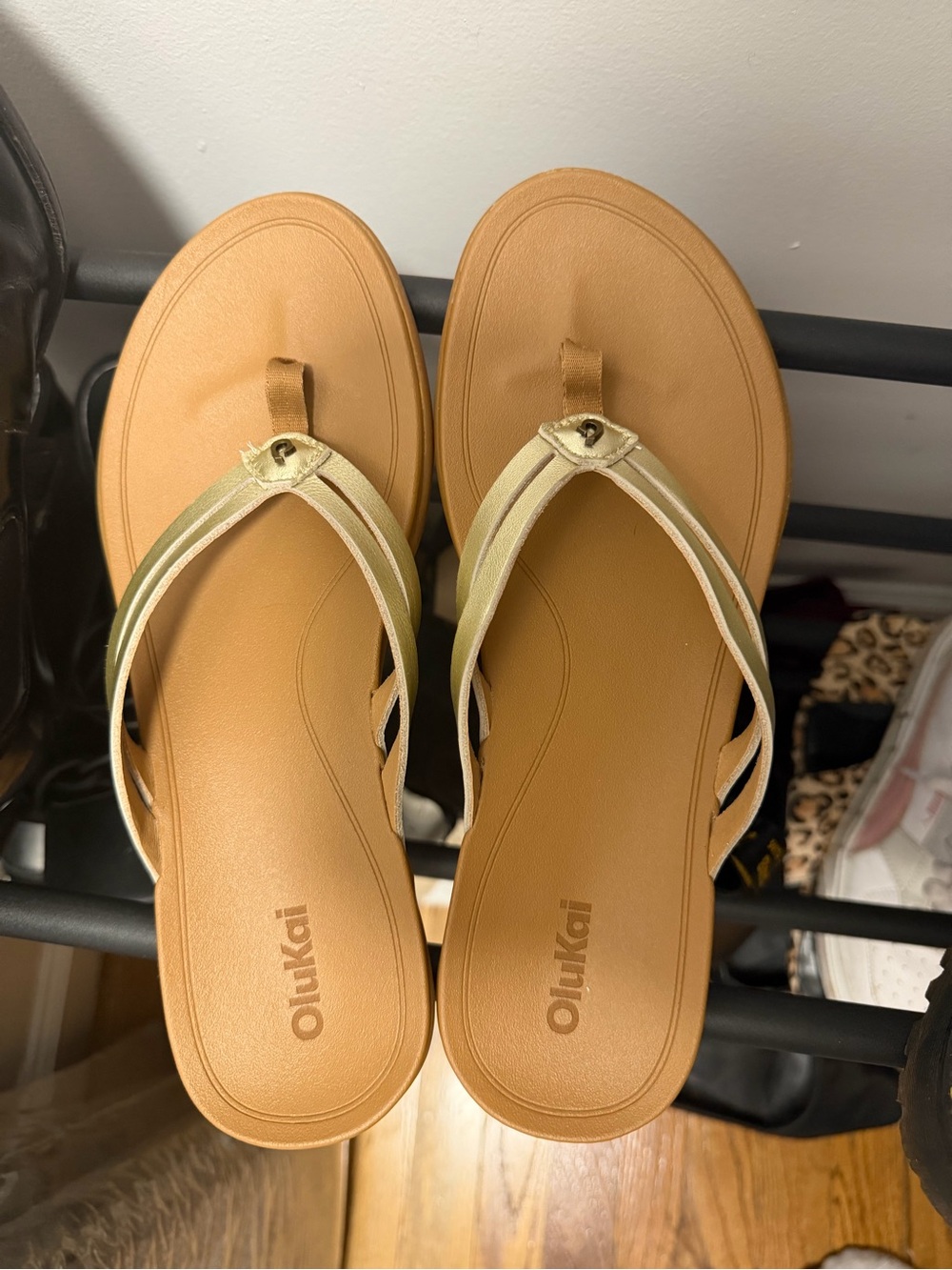 OluKai Women's Tan Sandals with Metallic Gold Straps